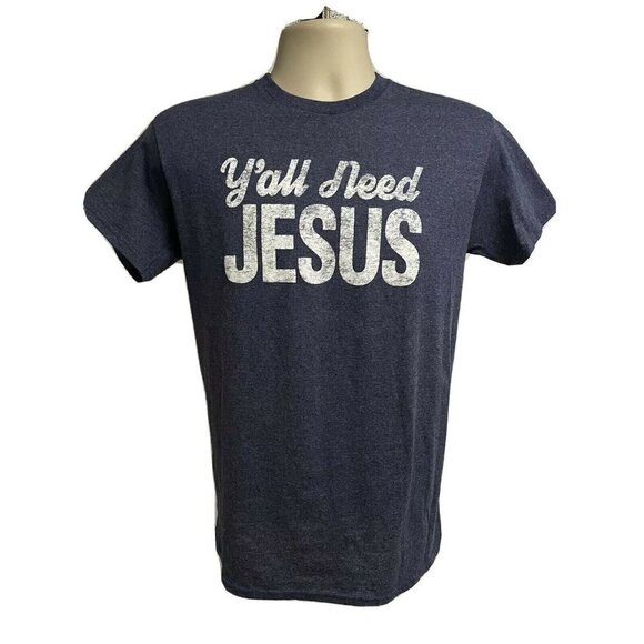 Heather Blue Y'all Need Jesus Graphic Tee Small - Picture 1 of 6